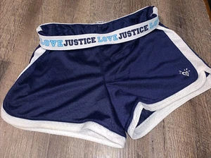 Justice Girl's Size 12 Fold-over Mesh Shorts Navy Blue Logo Vguc - Picture 1 of 3