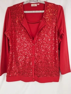 Quacker Factory Strickjacke integriertes Tank Top festlich rot Pailletten QVC groß Urlaub - Bild 1 von 12