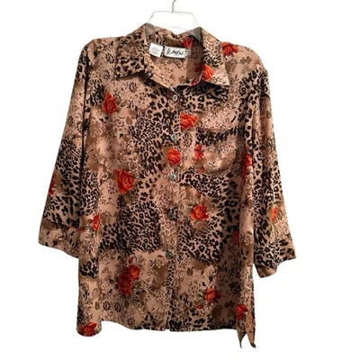 VTG Kathy Che Animal Print Roses Button Blouse Womens 14 Cheetah 3/4 Sleeves. - Image 1 of 4