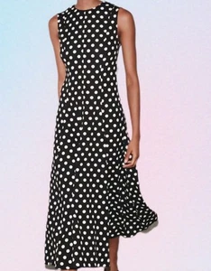 ZARA 2025 BLACK WHITE POLKA DOTS VISCOSE COTTON LINEN BLEND MIDI COCKTAIL DRESS - Picture 1 of 12