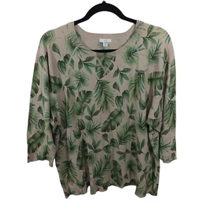 J Jill Womens Sweater Size M Cotton Blend Pullover 3/4 Sleeve Top Green Leaves - Picture 1 of 7