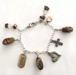 Vintage Charm Bracelet HOPE BELIEVE CROSS HEART STONES 7" Chain & Lobster Clasp - Picture 1 of 2