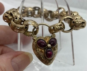 AUTHENTIC GEORGIAN 15CT GOLD BRACELET ALMANDINE GARNET PADLOCK BRACELET YGR319 - Picture 1 of 12