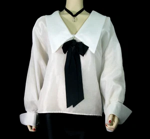 Vintage~Miss H~White Satiny Smooth Organza Blouse Sz Lg Black Tie Lined Crop Top - Picture 1 of 13