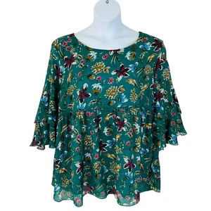 Suzanne Betro Women's Plus Size 3X Floral 3/4 Length Bell Sleeve Green Blouse - Picture 1 of 6