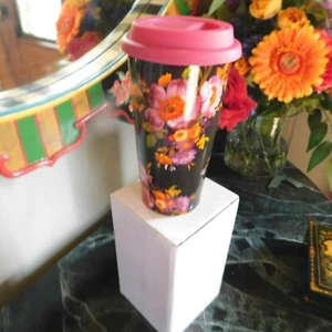 MACKENZIE-CHILD' BLACK FLOWER MARKET TRAVEL CUP,NEW IN BOX - Picture 1 of 1
