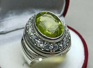 Oval Cut 12 Carat Pale Green Peridot Sterling Silver 925 Handmade Beryl Men Ring - Picture 1 of 12