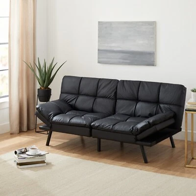 Memory Foam Futon w/Adjustable Armrests, Converts to Sleeper, Black Faux Leather - Image 1 of 4