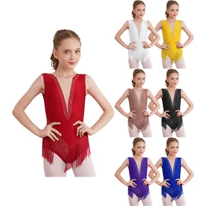 Kid Girls Tassel Costume Fringe Ballet Dance Bodysuit Figure Ice Skating AU - Picture 1 of 71