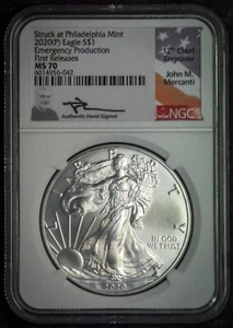 2020 P NGC MS70 Emergency $1 Silver Eagle Coin US Mint .999 Mercanti Signed - Picture 1 of 4