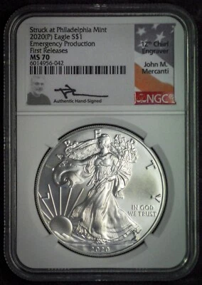 2020 P NGC MS70 Emergency $1 Silver Eagle Coin US Mint .999 Mercanti Signed - Image 1 of 4