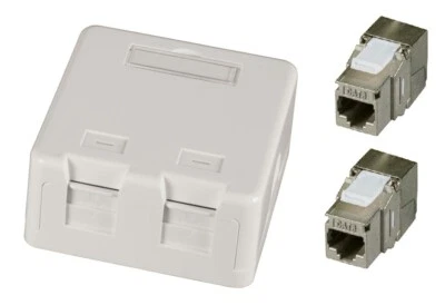 Netzwerkdose Aufputz Cat.8 8.1 2-fach weiß AP inkl 2x K&S RJ45 Modul werkzeuglos - Bild 1 von 4