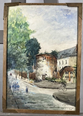 Antica Acquerello Firmato: Soldati All'Interno Di Un Villaggio IN 1936 Hunter - Bild 1 von 4