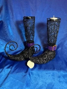 Halloween Grasslands Road Wire Witch Boot Tealight Holder 10” Tall Purple Buckle - Picture 1 of 5