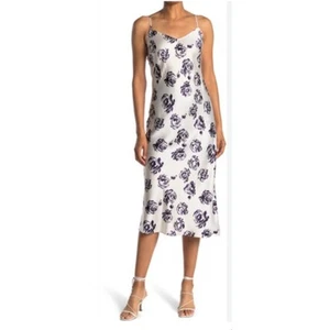 Club Monaco Satin Slip Midi Dress White Plum Rose Print 4 - Picture 1 of 8