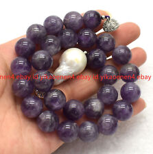 Huge Pretty Natural 14mm Purple Amethyst & White Keshi Baroque Pearl Necklace