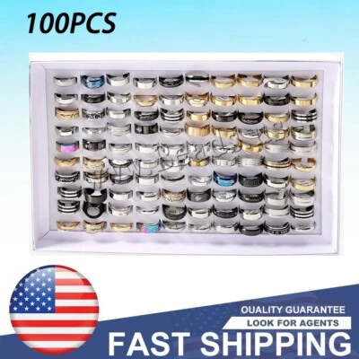 100PCS Stainless Steel Rings Bulk Lot Men's Fashion Jewelry Ring Wholesale Mixed - Image 1 of 4