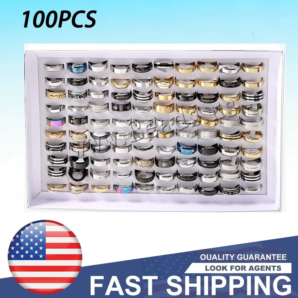 100PCS Stainless Steel Rings Bulk Lot Men's Fashion Jewelry Ring Wholesale Mixed - Image 1 of 4