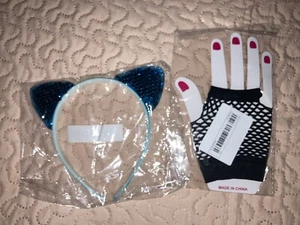 Fall Short Black Net Gloves Head Band Blue Sequin Costumes Halloween Party - Picture 1 of 6