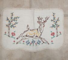 Vintage Buck Deer Running Hand Embroidered Linen Small Dresser Scarf 11 X 16"