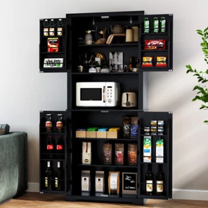 72" Kitchen Pantry Storage Cabinet Traditional Freestanding with 4 Doors Black - Picture 1 of 7