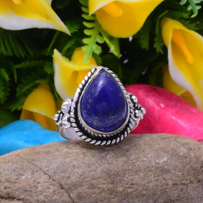 Natale Blu Lapislazzuli Gemma 925 Argento Sterling Artigianale Anello All Misura - Immagine 1 di 3