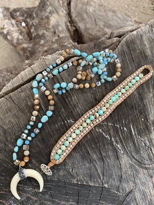 Juego de pulsera colgante de cuerno de resina de jaspe de 18 pulgadas con cuentas de piedra hecho a mano Foto 1 de 4