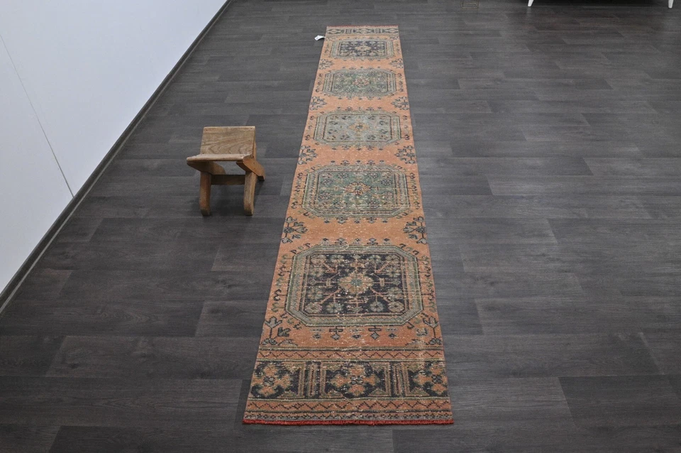 Alfombra de corredor turca vintage 2x12 pies lana anatolia hecha a mano pasillo Oushak NARANJA Foto 1 de 4