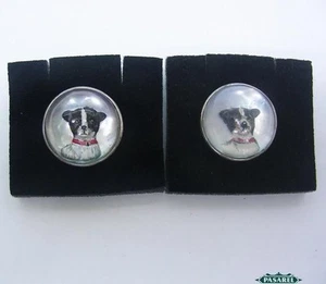 Pair Of Sterling Silver Essex Crystal Painted Intaglio Terrier Dogs Cufflinks - Picture 1 of 1