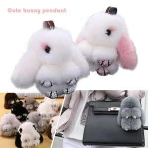 Real Mink Fluffy Fur Key Chain Bunny Crystal Keychain F/ Bag Charm Keyring Gift - Picture 1 of 20