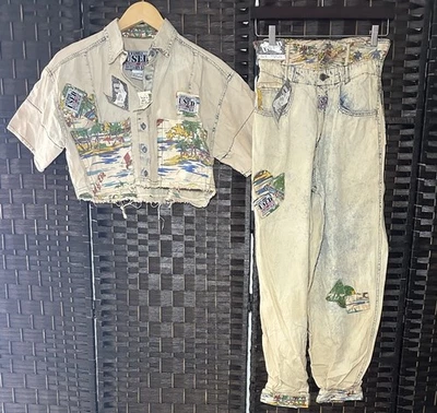Nuevo con etiquetas Conjunto Camisa Jeans Plegable Vintage Años 80 Get Used by Elie 2 Piezas Denim Talla S 28 Foto 1 de 4
