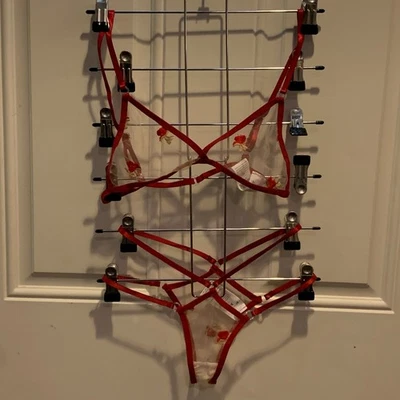 Conjunto de Lencería Malla Transparente Rojo Floral Ilusión Flotante Cinta Sujetador Panty Foto 1 de 4