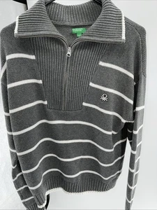United Colors Of Benetton Mens Sweater S/P Turtleneck 1/2 Zip Stripes NWOT - Picture 1 of 4