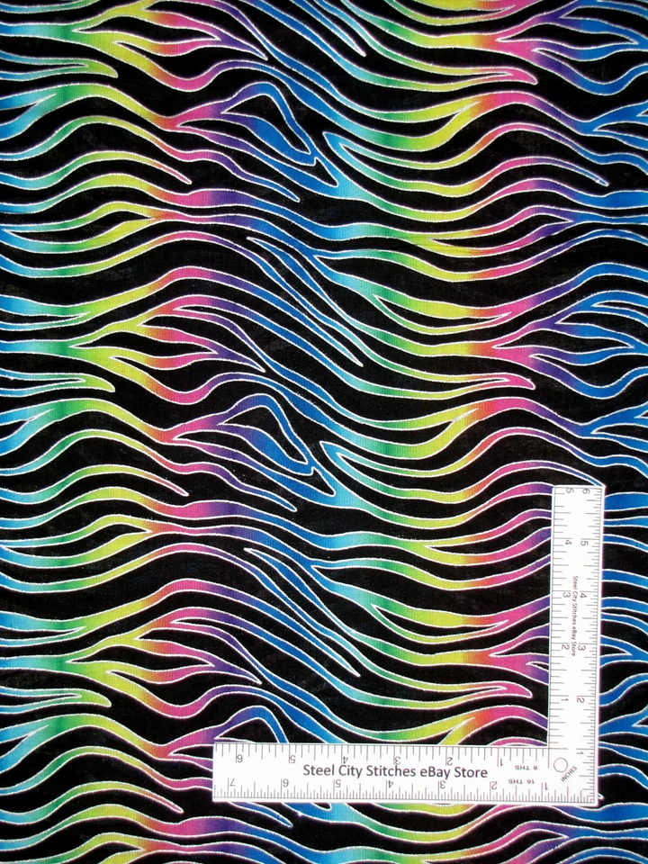 Zebra Tiger Fabric Animal Stripe Multi Color Silver Ac Cotton Traditions By Yard - Image 1 of 1