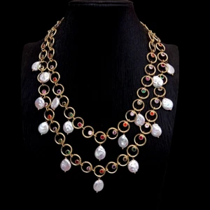 Cz Pave Rosary Chain Coin Pearl Necklace Multi Color Handmade Choker Necklace - Picture 1 of 6