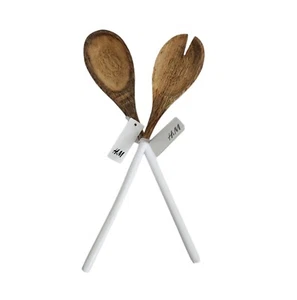 H & M Wooden Salad Server Set Spoon Fork White Painted Handle Wood 11 1/2" HM - Picture 1 of 5