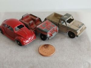 Vintage Miniature Diecast Lot 3X Volkswagen Beetle Jeep and Pickup Truck #13723