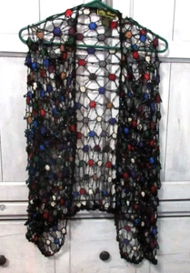 Size XL Vintage Crochet Marasol Sequins Poncho Wrap Fishnet Embroydered Festive - Picture 1 of 4