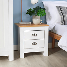 Bedside 2 Drawer Bedroom Furniture White Oak Top Metal Handles Wooden Nightstand