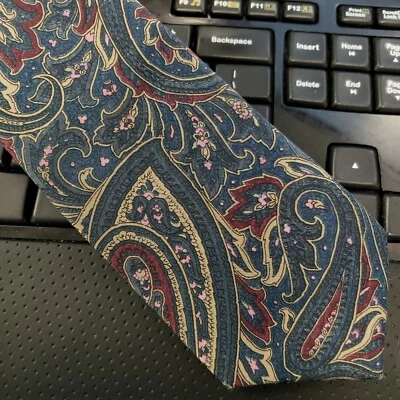 Tie 56"x 3" Wool Silk Blend Professional Large Paisley Navy Maroon Pink Necktie - Image 1 of 4