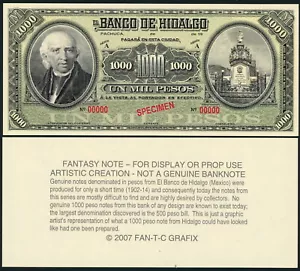 MEXICO - Banco de Hidalgo 1000 Pesos Fantasy Note/Artist Concept Fr. Hidalgo! - Picture 1 of 1