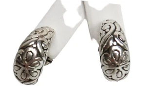 Floral Etched Sterling Silver Puffy Huggie Earrings - Picture 1 of 5