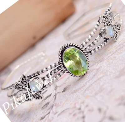 Facettierter Peridot & Mondstein Edelstein 925 Sterling Silber Armreif zum Ge... - Bild 1 von 4