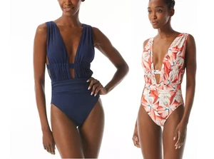 NWT Carmen Marc Valvo Womens One Piece Ruched Plunged Neck Size 10-12 $150 FF311 - Picture 1 of 9