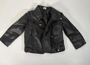 Girls Black Faux Leather Moto Jacket Size 110 by Lehour – Zipper & Snap Detail - Picture 1 of 7