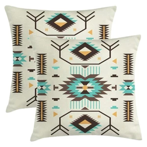 Boho Southwest Pillow Covers 18 x 18 Inch Western Native American Brown Turquois - Picture 1 of 7