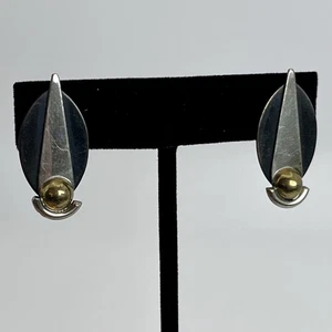 Vintage Modernist Metal & Brass Post Earrings Geometric Mixed Metal Light Wear - Picture 1 of 3