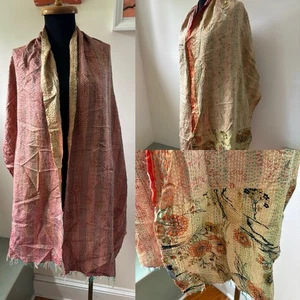 Ritual Brand Silk Indian Sari Remnant Floral Embroidered Crinkled Scarf 78.5x19" - Picture 1 of 14