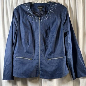 Ashro Denim Zipped Embellished Neckline Jacket, Blue, Sz: 18W, 82-25 - Picture 1 of 9