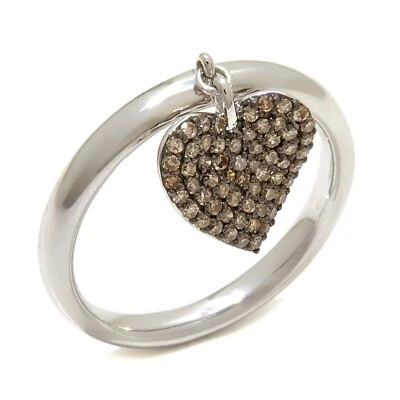 Rarities Sterling Silver Real Champagne Diamond Dangling Heart Charm Ring Size 8 - Image 1 of 4